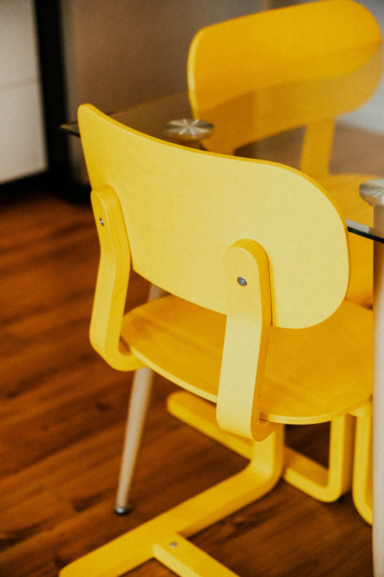 Yellow bentwood chairs at the glass table at Recovery Republic, Venice