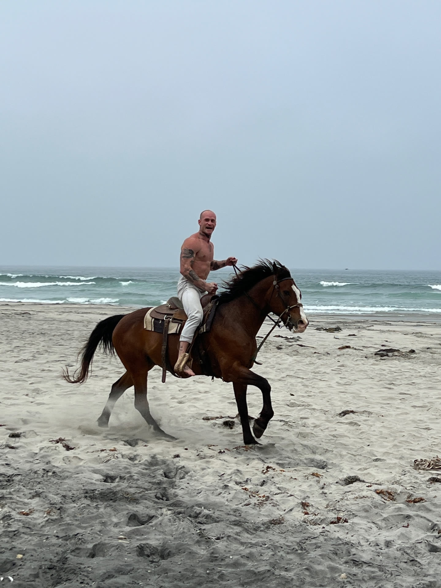 Men's adventure therapy trip to Baja — riding a horse down the beach at the water's edge