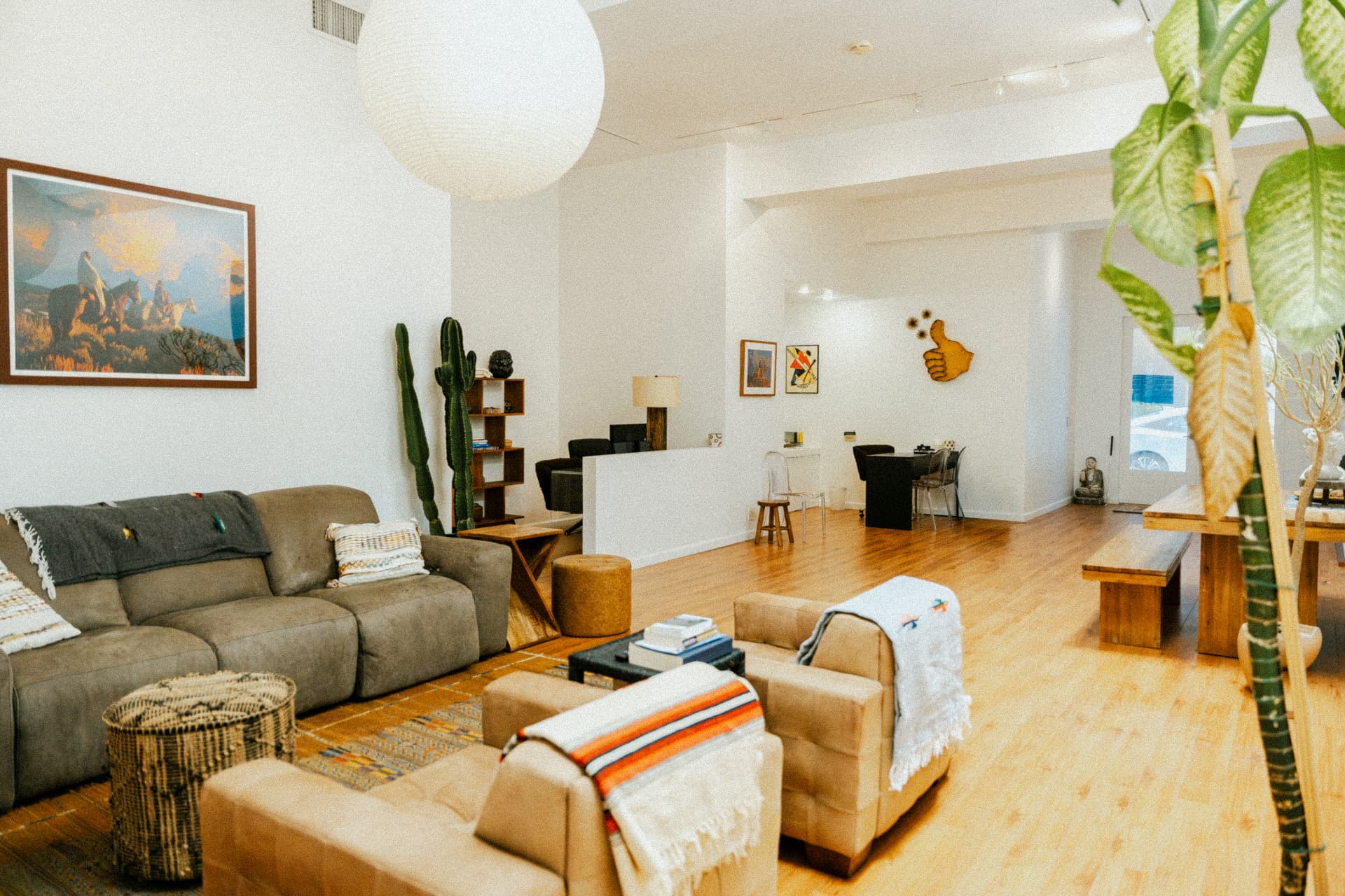 Main group room with sofas and cactus at Recovery Republic men's treatment center in Venice, California