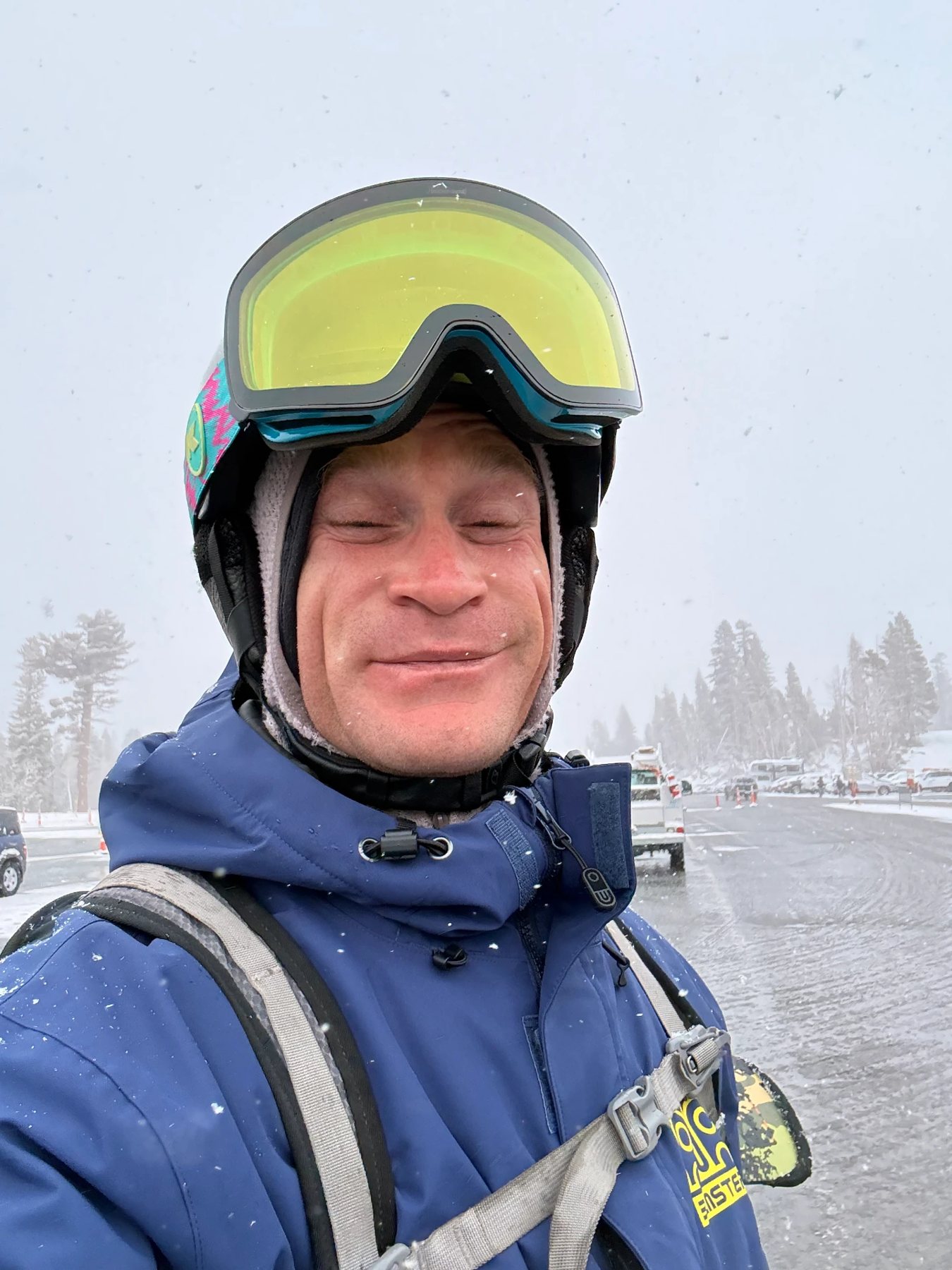 Geared up in the parking lot as the snow comes down at Mammoth